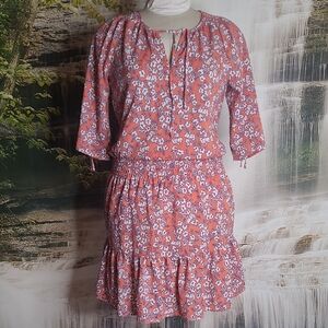 C&E Womens Medium copper floral smock waist tiered boho casual comfy dress